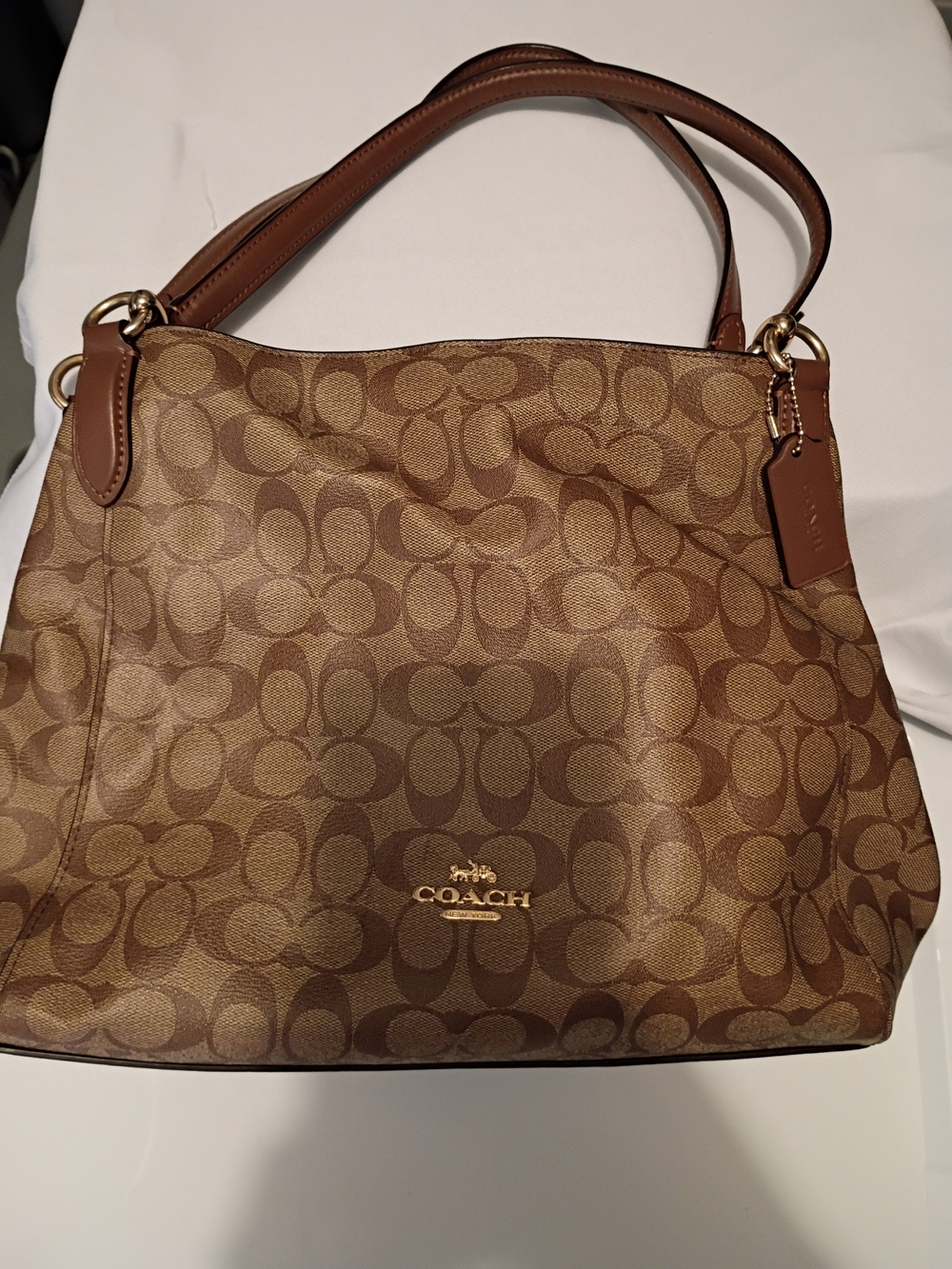 Coach Brown Signature Canvas Shoulder Bag with Leather Trim